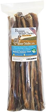 Premium Wild Chews 12 Inches Steer Sticks 25 Pieces in a Pack. Made in USA, All Natural, Junior Bully Stick. Great for big dogs.