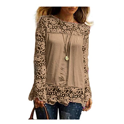 Women Long Sleeve Shirt,Lady Casual Lace Blouse Loose Cotton Tops (4XL, Khaki) - Thumbnail 4