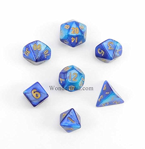 Blue and Light Blue Resin Dice with Gold Numbers 10mm (3/8in) 7-Dice Set Metallic Dice Games