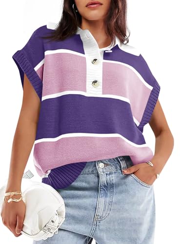 Saodimallsu Womens Striped Short Sleeve Sweater V Neck Polo Collared Top Color Block Knit Pullover Loose Fit 2025 Purple at Amazon
