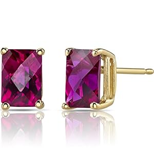 Peora Created Ruby Earrings for Women in 14 Karat Yellow Gold, Classic Solitaire Studs, 7x5mm Radiant Cut, 2.50 Carats…