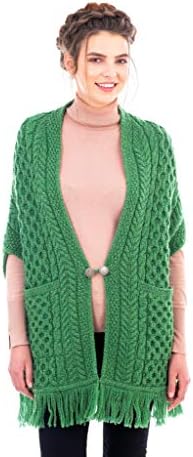 SAOL100% Merino Wool Shawl/Poncho Sweater/Open Cardigan/Wool Cape with Pockets with Fringe Trim and Trinity Knot Button