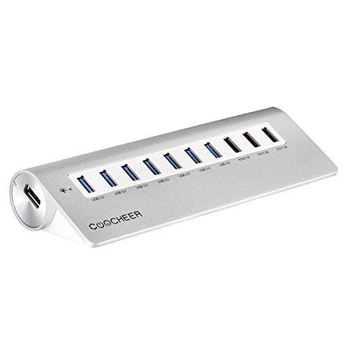 Coocheer 10 Ports USB 3.0 Aluminum Hub with Surge Protector 3 USB Charging Ports 3.3ft USB 3.0 Cable and 12V 4A Adapter
