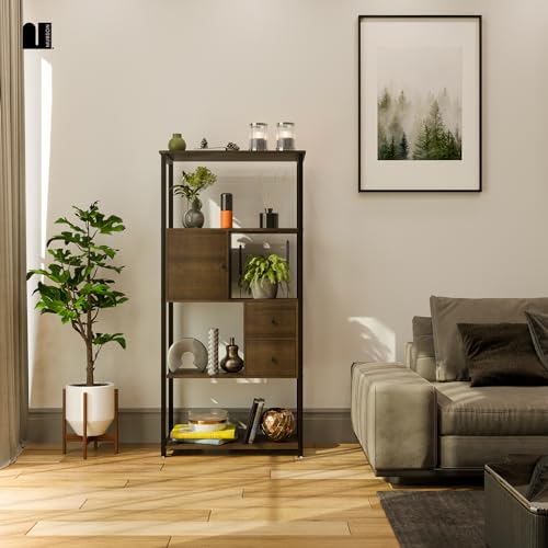MUBSON Estante Organizador de 4 Repisas con Cajones Organizadores para Sala, Recamara o Estudio. Librero Minimalista Greto con Altura de 158 cm. Estanteria. Bookshelf Decor. Shelf Organizer