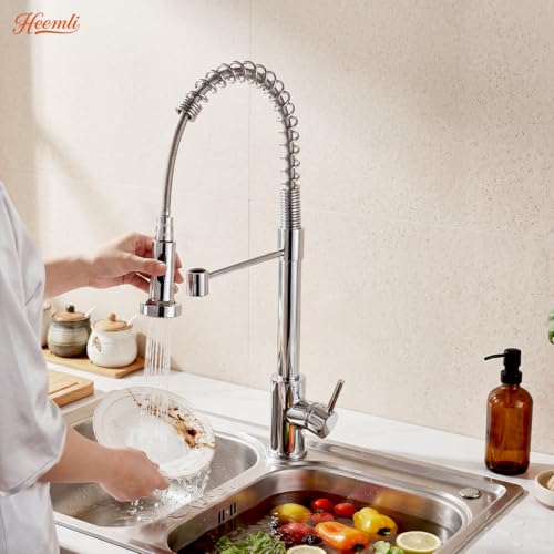 Heemli Torneira Cozinha Gourmet Monocomando Aço Inox Com Spray Extensor,Torneiras Misturadoras de água Quente e Fria,Dois Modos de Distribuição de água（Jatos de água e chuveiros） (Prata)
