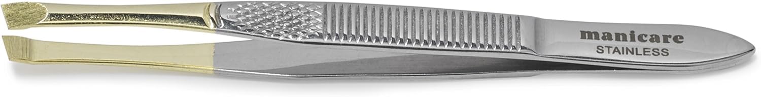 Manicare Slant Tweezer, Surgical Grade Stainless Steel, Gold Plated Highlights Dark Hair, Precision Plucking, Eyebrow Tweezing, Removes Unwanted Hair, Facial Hair, Professional Beauty Accessory Tool