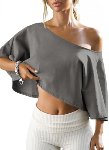 LilyCoco Womens Off The Shoulder Crop Top Cotton Asymmetrical