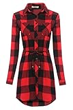 HOTOUCH Women's Long Sleeve Button Down Long Red Plaid Shirt Checker Dress W/ Belt