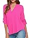 FACE N FACE Women's Summer V Neck Solid Loose Casual Cuffed Long Sleeve Blouses Large Rose