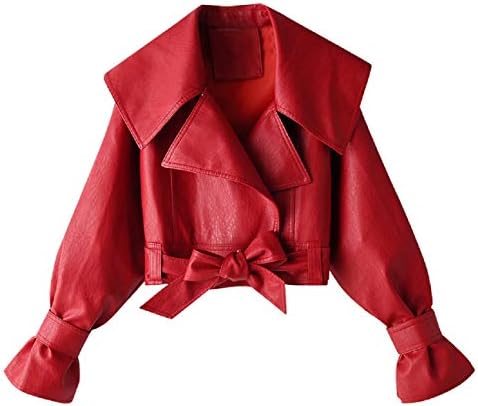 FAPIZI Women Faux Leather Jacket Casual Long Sleeve Lapel Zipper Moto Biker Bomber Jacket Outwear Cropped Top with Belt