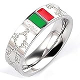 Fly.Dream Fashion Luxury Shine Celebrity Ring Classic Red and Green Bar Titanium Steel Ring (Silver, 9)