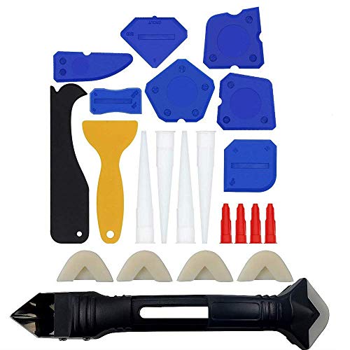 23 Pcs Caulking Tool Kit, 3 in 1 Caulking Tools Silicone Sealant Finishing Tool Grout Scraper Caulk Remover Caulk Nozzle Caulk Caps 5 Replaceable Pads for Bathroom Kitchen Sealing by YMHB
