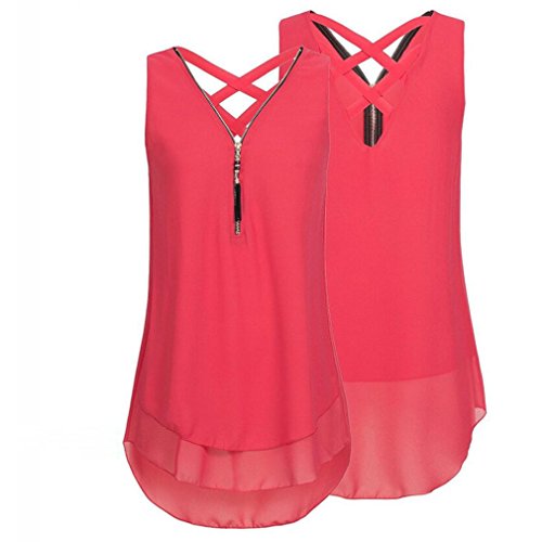 FEITONG 10 Colours Women Loose Plus Size Sleeveless Tank Top Cross Back Hem Layed Zipper V-Neck T Shirts Tops, S-5XL(X-Large,Red)