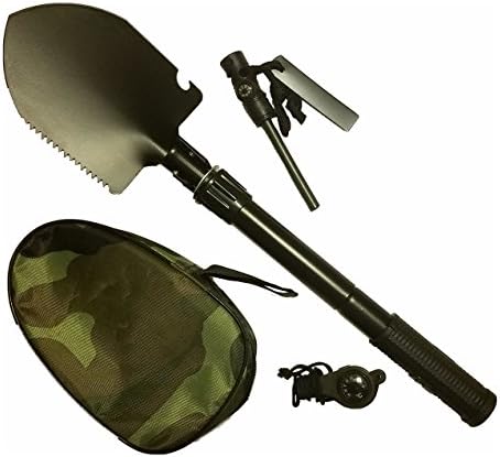 Compact Military Folding Shovel Pack Bundles Multi Purpose Outdoor Tools, Firestarter, Emergency whistles, Carry Case, Pick, Saws, Bottle Opener, Compass, Camping, Hiking, Gardening, Survival