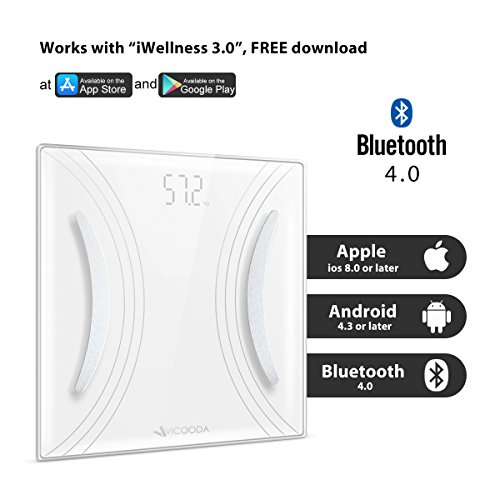 Bluetooth Body Fat Scale,VICOODA Bathroom Scale with IOS and Android App Smart Wireless Digital Scale for Body Weight, Body Fat, Body Water, Muscle Mass, Bone Mass, BMI, BMR and Visceral Fat - White