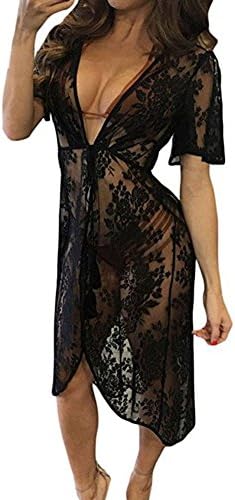 Summer Beach Cover Ups For Swimwear Women - V neck Crochet Lace Swimsuit Cover-Ups Mesh Bikinis Bathing Suit Dresses (M)