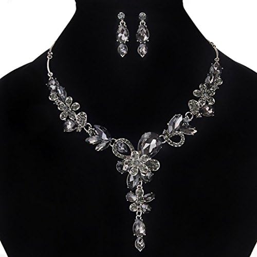 Deamyth Crystal Collar Necklace + Earrings Jewelry Set for Event (Grey)