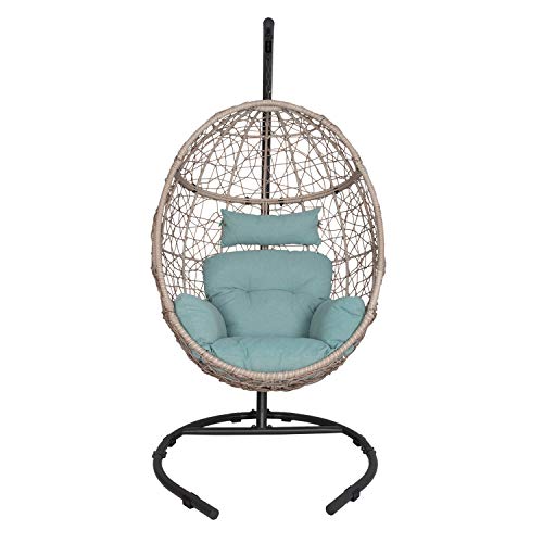 Ulax furniture Outdoor Patio Wicker Hanging Basket Swing Chair Tear Drop Egg Chair with Cushion and Stand (Blue) - Thumbnail 5
