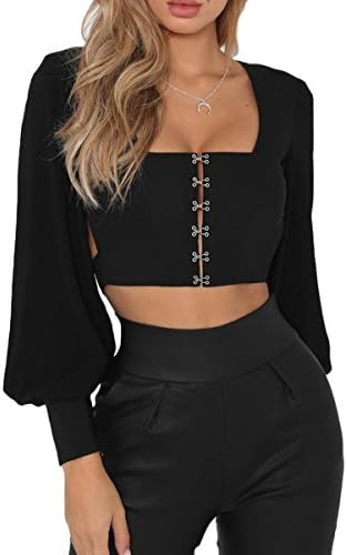 Almaree Womens Square Neck Puff Sleeve Hook Eye Tie Back Chiffon Crop Top Blouse