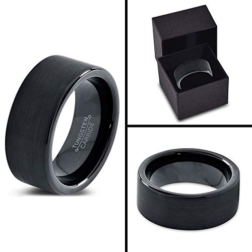 Charming Jewelers Tungsten Wedding Band Ring Black 9mm Men Women Comfort Fit Flat Cut Brushed Polished Size 8.5
