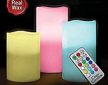 Set of 3 Color Changing Indoor LED Flameless Candle Lights Ivory White- Real Wax, Battery Operated Candles with Remote Control & Timer, Faux Pillar Candles Electric Candles by JIAJIA Spring