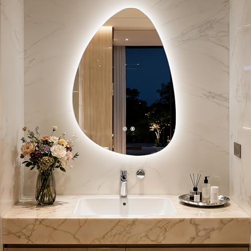 LED Irregular Wall Vanity Mirror, 50x70CM Backlight Mirror with Defogger, 3 Light Colors Stepless Dimming, Frameless Aesthetic Glass for Bathroom Tempered Glass