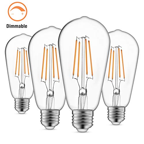 Vintage LED Edison Bulbs Dimmable 6W Warm White 2700K 600 Lumen 60W Equivalent ST64 Antique LED Filament Light Bulb E26 Medium Base Decorative Bulb for Living Room Kitchen Bathroom Pack of 4