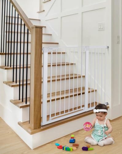 COMOMY Dog Gate, 91.5 cm Extra Tall, 75-103 cm Large Width Baby Safety Gate Automatic Closing, Durable Child Safety Barrier for Stairs, Pressure Mounted, White
