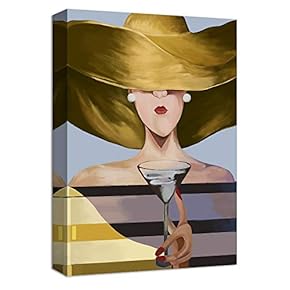 Canvas Wall Art Elegant Woman in Wide Cap Yellow Drinking Painting Artwork for Home Decor Framed - 12x18 inches