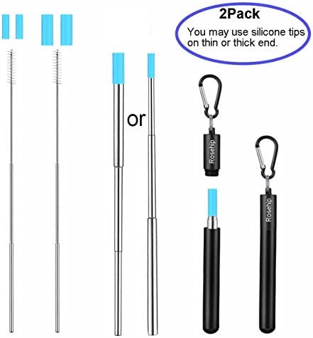 2 Packs of Collapsible Straw Telescopic Stainless Steel Straws Reusable Straws Portable Straws Eco Friendly Straws Foldable Straws With Brush & 2 Sizes of Silicone Tips For Thin or Thick Ends (Metal)