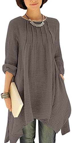 Gikim Women's Plus Size Casual Long Sleeve Linen Cotton Irregular Dress with Pockets