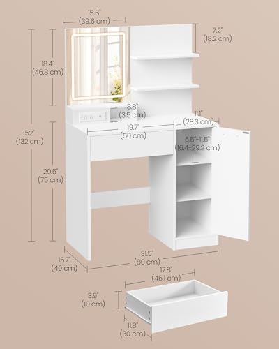 VASAGLE KAILYN Collection - Vanity Desk with LED Lights and Power Outlet, Makeup Vanity Table with Mirror, Modern Makeup Desk, Drawer, 2 Shelves, Cabinet with Adjustable Shelves, White URDT138W02