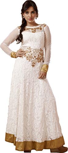 Fashion Ameza White Neck Embroidered Semi Stitched Long Anarkali Suit
