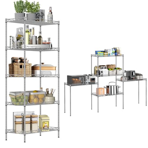 【Expandible】Estante de Almacenamiento de Metal de 5 Niveles(55x30x150CM), Estante Organizador Resistente, Rack Organizador Ajustable, Anaquel, 4 S-Ganchos, Cocina, Oficina, Despensa, Microondas(Plata)