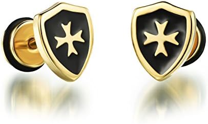 Stainless Steel Shield Shaped Screw-on Ear Plug with Cross Design (gold-plated-base)