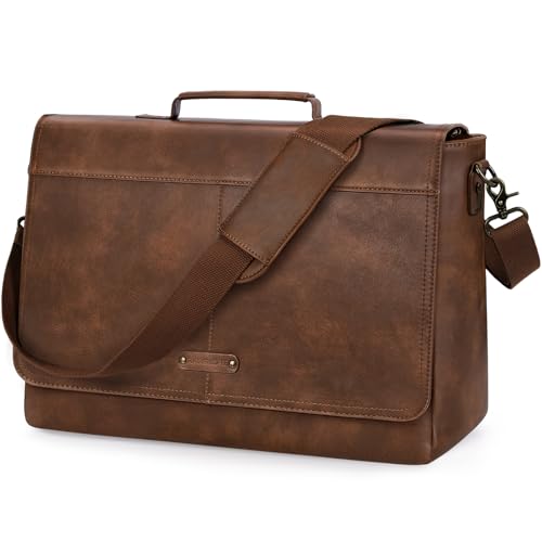 RAINSMORE Men's Messenger Bag, 15.6 Inch Laptop Briefcase in Vegan Leather Vintage Waterproof, Professional Messenger Bag for Office, College and Travel, brown, Retro