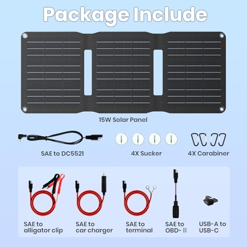 Flexsolar 15W Solar Autobattery Charger Solar Panel, IP67 Waterproof Solar Panel Portable Battery Charger with USB DC SAE Connection Cable for Car, Boat, Motorcycle, Trailer, etc