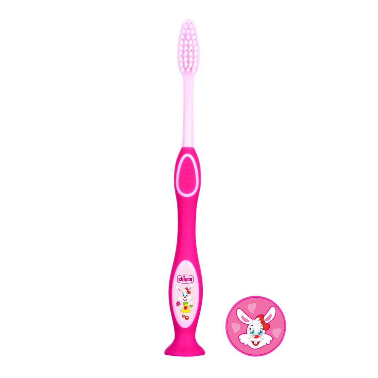 Chicco Toothbrush with Fine Bristles for Children Delicate Toothbrush with Tongue Cleaner Ergonomic Non-Slip Grip Assorted Colours 3-6 Years