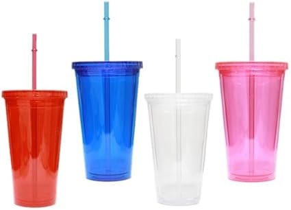 Hard Plastic Water Drink Cup 16oz With Straw Set Of 4 Amazon Co Uk Kitchen Home