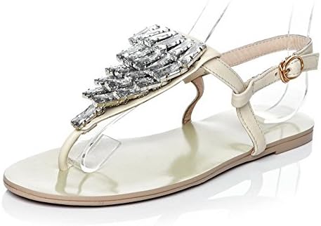 AmoonyFashion Women's Cow Leather Studded Buckle Split Toe No Heel Sandals