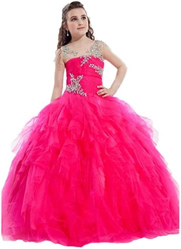 DFDE Girls Long Sleeve Ball Gowns Ruffle Pageant Party Dance Dresses 16 US Red