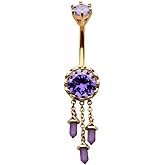 Pierced Owl 14GA 316L Stainless Steel Amethyst Gem with Triple Dangling Charms Belly Button Ring