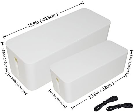 [Set of Two] White Cable Management Box Cord Organizer, Large Storage Holder for Desk, TV, Computer, USB Hub, System to Cover and Hide & Power Strips & Cords - 16'' x 6.2" x 5.4" and 13" x 5.3" x 5"