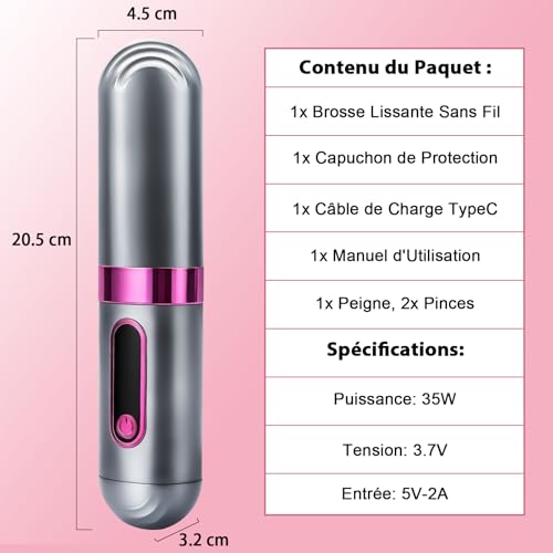 Frikmed Rechargeable Cordless Straightening Brush, 4000mh Mini Portable Heating Brush with LCD Display, 4 Temperatures 160-220°C, Anti-Frizz Ionic, USB-C, Travel Straightening Comb for Women