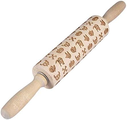 Zleimjab Household Halloween Wooden Rolling Pin,Embossed Rolling Pin Halloween Engraved Rolling Pin Cake Roller For Cookies Fondant Cake Dough Biscuit Cake