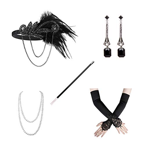 Xuhan 1920s Flapper Costume Accessories Set for Women Headband Necklace Gloves Cigarette Holder (Set-72)