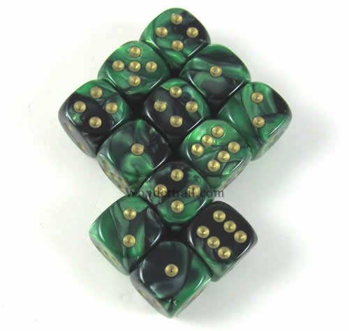 Black Green Gemini with Gold Pips 12mm D6 Dice Set of 12 Wondertrail WCX26839E12