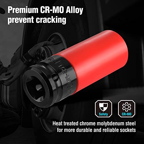 DURATECH Drive Wheel Protector Impact Sockets - 1/2 Inch Thin Wall Deep Socket Set, Non-Marring Protective Sleeve Lug Nut, CR-MO Alloy Color-Coded Metric Rim Sockets, 5Pcs