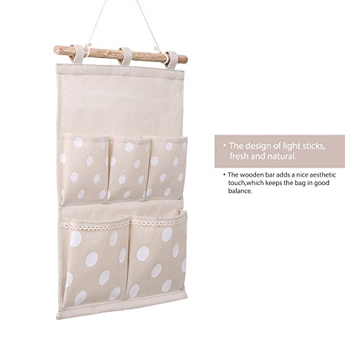 Homecube Linen Cotton Fabric Wall Door Cloth Hanging Storage Bag Case 5 Pocket Home Organizer (White Polka Dots) - Thumbnail 3