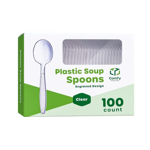 [100 Pack] Heavyweight Disposable Clear Plastic Soup Spoons Engraved